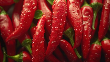 Overhead Shot of Hot Peppers with visible Water Drops.
