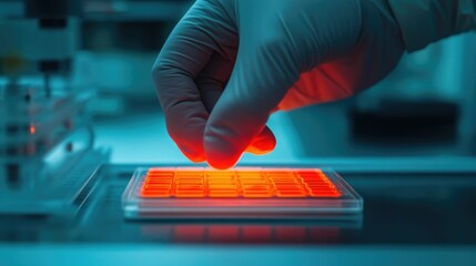 A lab technician carefully preparing glass slides with samples for microscopic observation showcasing the deep depth of field in the scientific laboratory settings