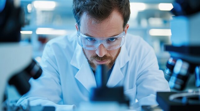 Skilled laboratory technician carefully preparing glass slides with samples for detailed microscopic observation and scientific analysis in a professional research facility