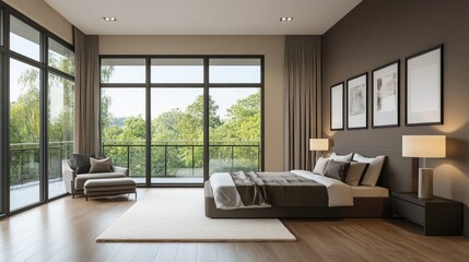 Obraz premium Interior of a modern townhouse featuring a spacious master bedroom with large windows, a balcony, and minimalist decor in neutral tones