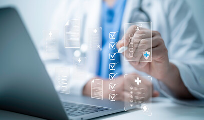 Medical performance checklist, Medical worker using laptop doing online checklist survey, filling out digital form checklist, take an assessment, questionnaire, evaluation, online survey, online exam