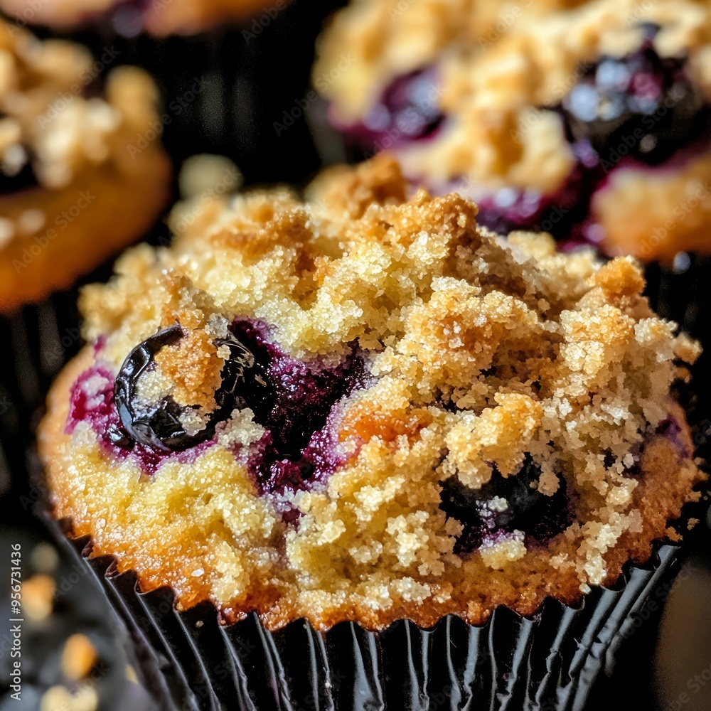 Sticker Close-up of a blueberry muffin with a crumb topping.