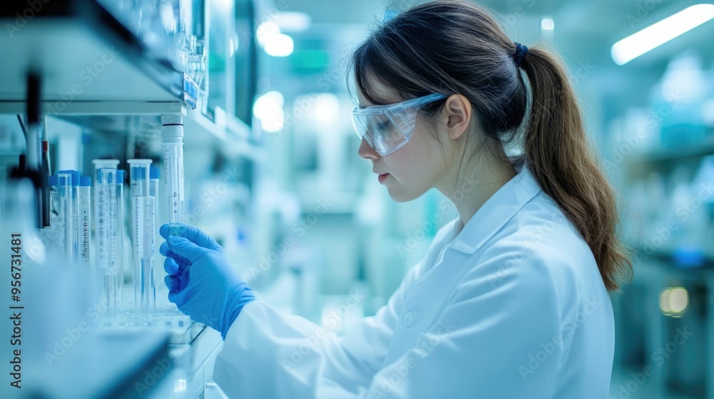 Poster laboratory technician carefully adjusting the settings on an analytical instrument to ensure precise