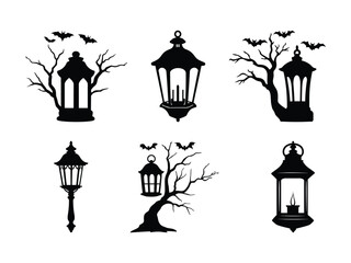 Spooky Halloween Lantern Silhouettes with Haunted Trees and Bats - Gothic Vector Clipart.