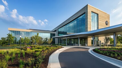 Obraz premium A modern hospital with a sleek glass facade, large windows, and a welcoming entrance, surrounded by landscaped gardens and a clear blue sky