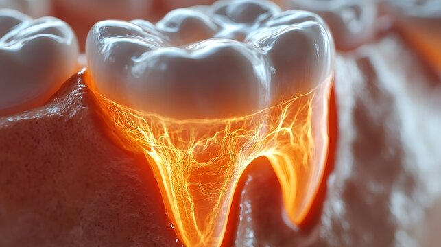 3D Rendered Tooth Model with Visible Dental Nerve: A 3D rendered model of a tooth with a clear view of the dental nerve inside, showcasing dental anatomy.