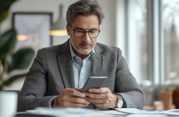 businessman  is sitting at an office desk, holding his smartphone and looking at the screen as he reads something on it.
