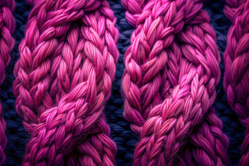 Detailed Pink Braided Yarn Close-Up on Dark Knitted Background