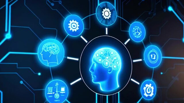 A blue digital illustration of a human head with a brain inside and a circuit board in the background.