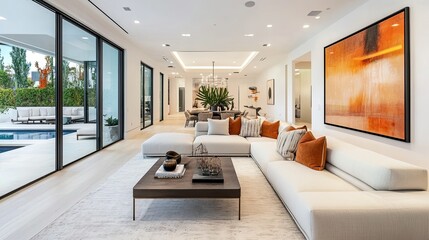 Luxurious living room in a modern residence with an L-shaped sofa, a stylish coffee table, and abstract artwork, ready for real estate listings