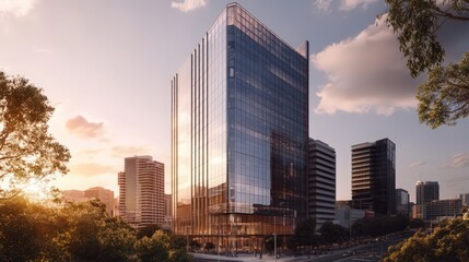 Obraz premium A modern office building with a sleek glass facade, towering over the cityscape, reflecting sunlight