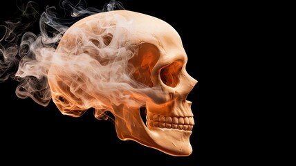 A detailed skull surrounded by swirling smoke, creating a mysterious and dramatic atmosphere against a dark background.