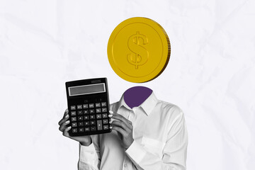 Trend artwork composite image collage of person student hand hold calculator count money numbers...