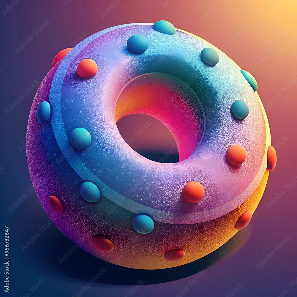 Poster a vibrant 3d illustration of a donut shaped object with a speckled surface and colorful circular pro