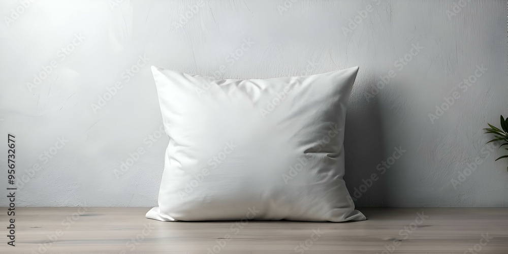 Poster a clean. crisp white pillow on a wooden surface. perfect for adding a touch of simplicity and elegan