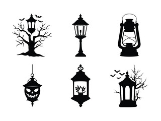 Spooky Halloween Lantern Silhouettes with Haunted Trees and Bats - Gothic Vector Clipart.