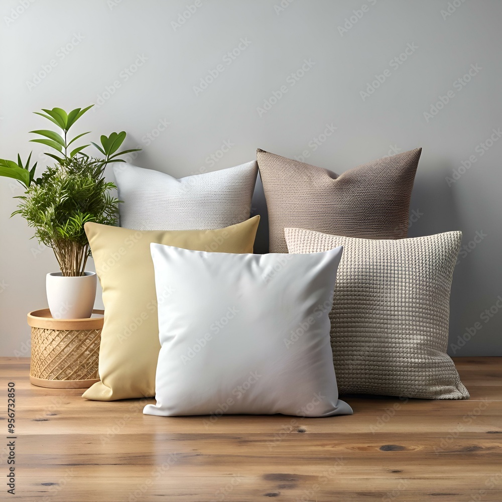 Poster a cozy and inviting arrangement of four throw pillows in a variety of textures and colors. perfect f