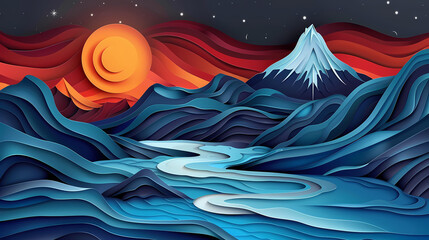 A stunning blue winding river with an electric current flowing through it leads to a snow-capped mountain with a star just above it.