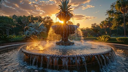 Pineapple fountain during sunrise