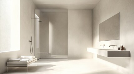 Minimalist bathroom interior with white and grey tones, a walk-in shower with glass walls, and a sleek, modern vanity with integrated storage