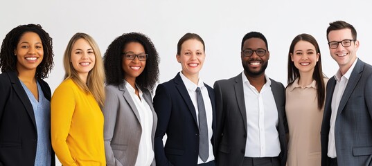 A group of seven diverse professional people are smiling and standing side by side, dressed in business attire against a grey background.