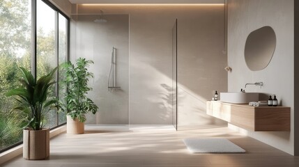 Minimalist bathroom interior with white and grey tones, a walk-in shower with glass walls, and a sleek, modern vanity with integrated storage