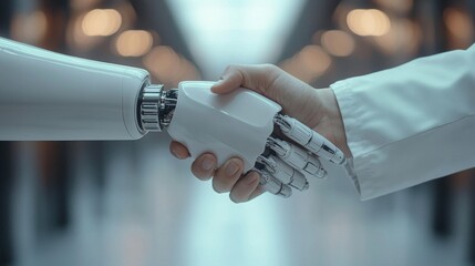 A robotic arm shakes hands with a human hand, symbolizing collaboration between technology and humanity in a modern environment.