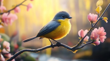 Fototapeta premium Yellow Bird on Branch with Pink Flowers.