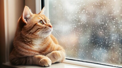 Ginger Cat Looking Out Window in Rain.