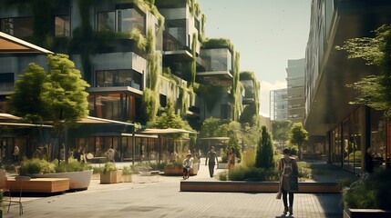 An ambient shot of a green urban plaza with recycled materials and sustainable landscaping, showcasing environmentally conscious public spaces.