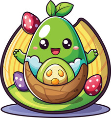 Cute Cartoon Avocado isolated | with a Sunglass & Christmas hat and siting on Easter egg etc