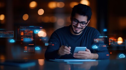 A focused man using a smartphone at night, surrounded by glowing data and technology icons, representing digital innovation.
