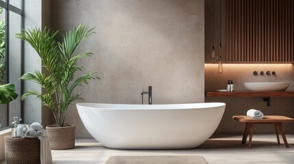 Modern bathroom interior with a luxurious bathtub, sleek fixtures, and minimalist decor, staged to highlight the comfort and elegance of the space
