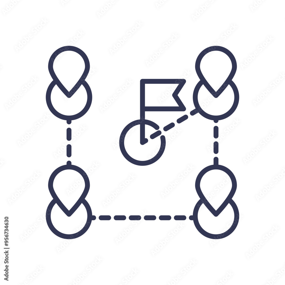 Aufkleber illustration of a customer journey map with location markers and a flag representing the destination