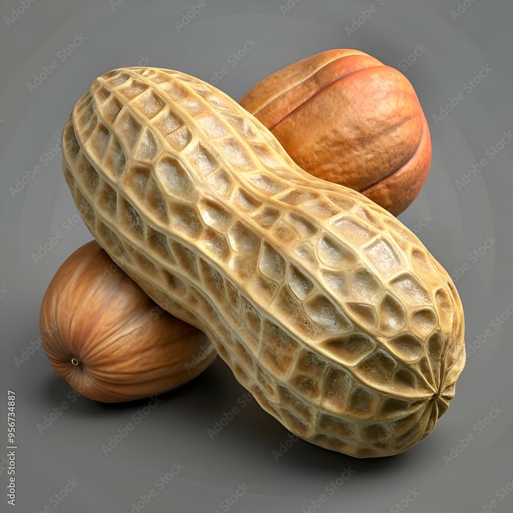 Poster a close up shot of three peanuts. capturing their intricate textures and warm colors.
