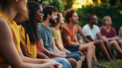 A group of diverse cheerful group of people sititng outdoors in summer during neighbourhood gathering laughing and talking as real life communication benefits