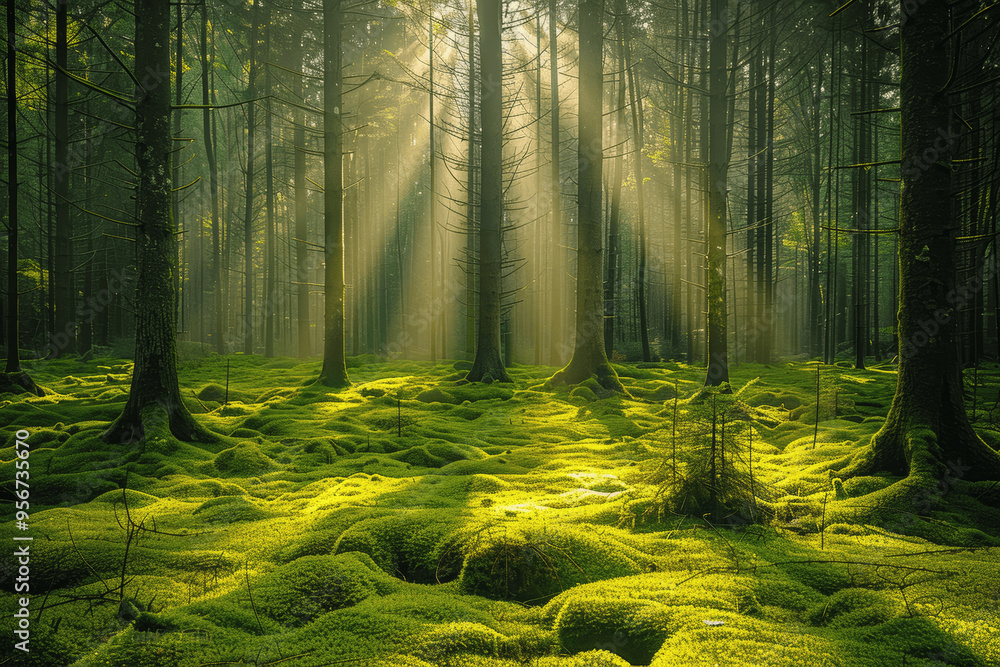 Poster sunlight filtering through forest trees illuminating lush moss covered floor