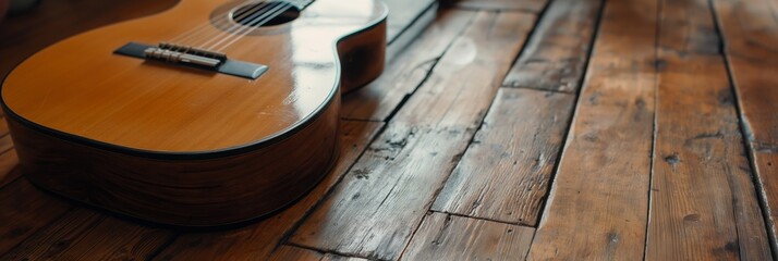 An acoustic guitar with a polished wooden body gently rests on a beautifully worn wooden floor,...