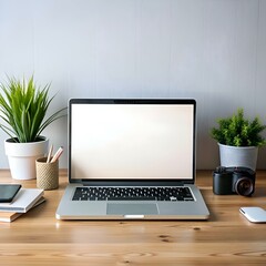 A clean and modern workspace featuring a laptop with a blank screen. a camera. and a simple desktop setup.