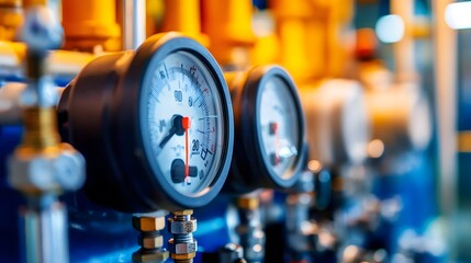 Two black and white dials with red numbers on them. The dials are next to each other and are on a blue pipe