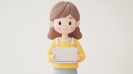 3D Cartoon Girl Holding Laptop Computer.