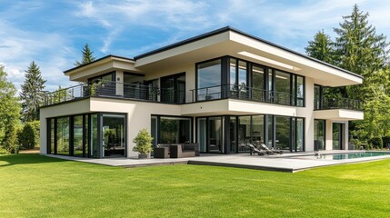Modern cream-colored villa with black glass windows and a flat roof design, surrounded by a lush green lawn, representing contemporary luxury living