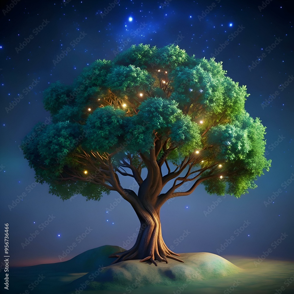 Poster A magical cork oak tree glows with ethereal light under a starry sky. creating a captivating scene perfect for fantasy. nature. and environmental themes.