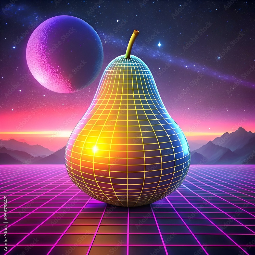 Poster a futuristic 3d illustration of a pear with a vibrant grid pattern. set against a dreamy 80s synthwa