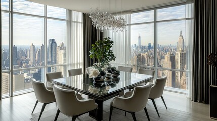 Modern dining room with a glass table, designer chairs, and a statement chandelier, set against a backdrop of large windows with city views