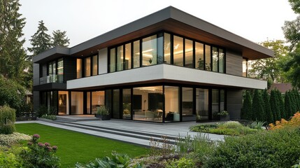 Modern home exterior with a flat roof design, large black-framed windows, and a minimalist garden, showcasing a blend of urban and natural elements