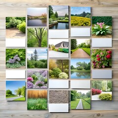 A collage of vibrant garden scenes featuring various flowers. trees. and pathways.