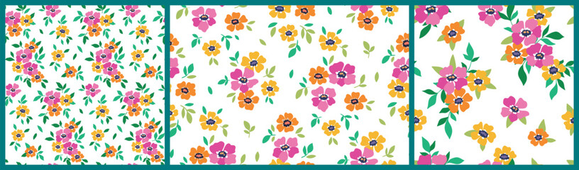 Seamless floral pattern, liberty ditsy print, abstract ornament in colorful summer motif. Cute botanical design collection: small hand drawn flowers, tiny leaves, simple bouquets. Vector illustration. © Yulya i Kot