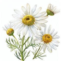 Fototapeta premium Hand-drawn Chamomile Flowers in Watercolor, Essence of Nature for Herbal Medicine and Aromatherapy
