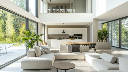 Modern home interior with a bright, airy living room, featuring sleek furniture and neutral decor, designed for maximum appeal in the real estate market